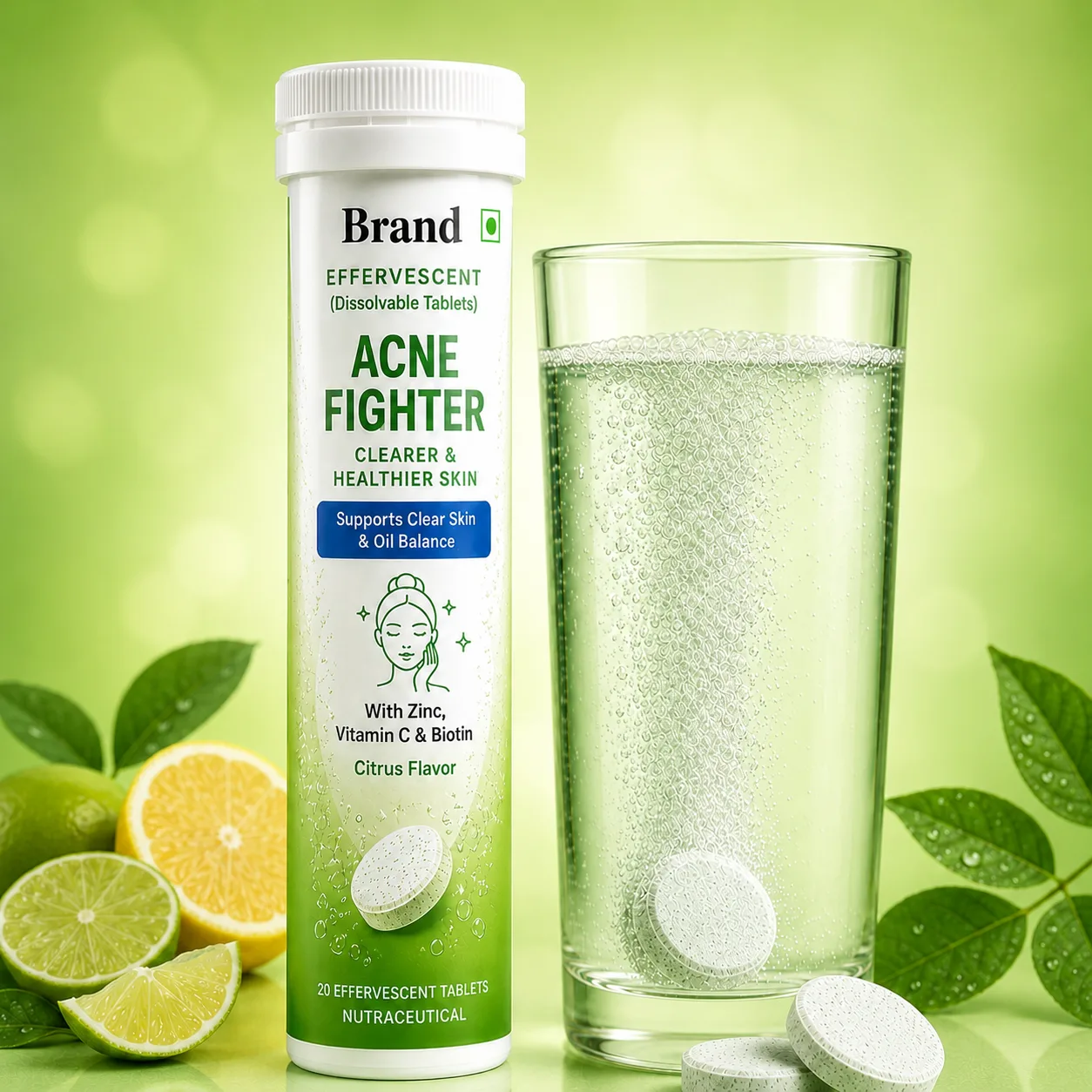 Acne Fighter EFFERVESCENT manufacturing in India for fast-dissolving nutraceutical and wellness brands with private label packaging bulk supply and export support