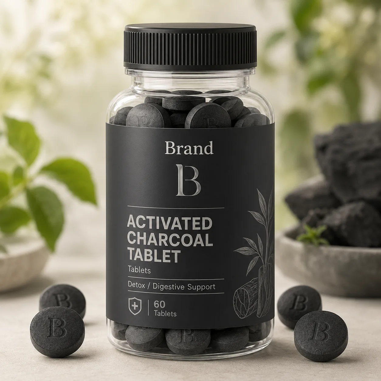 Activated Charcoal Tablet private label packaging and labeling support in India for export-quality tablet and capsule supplement brands