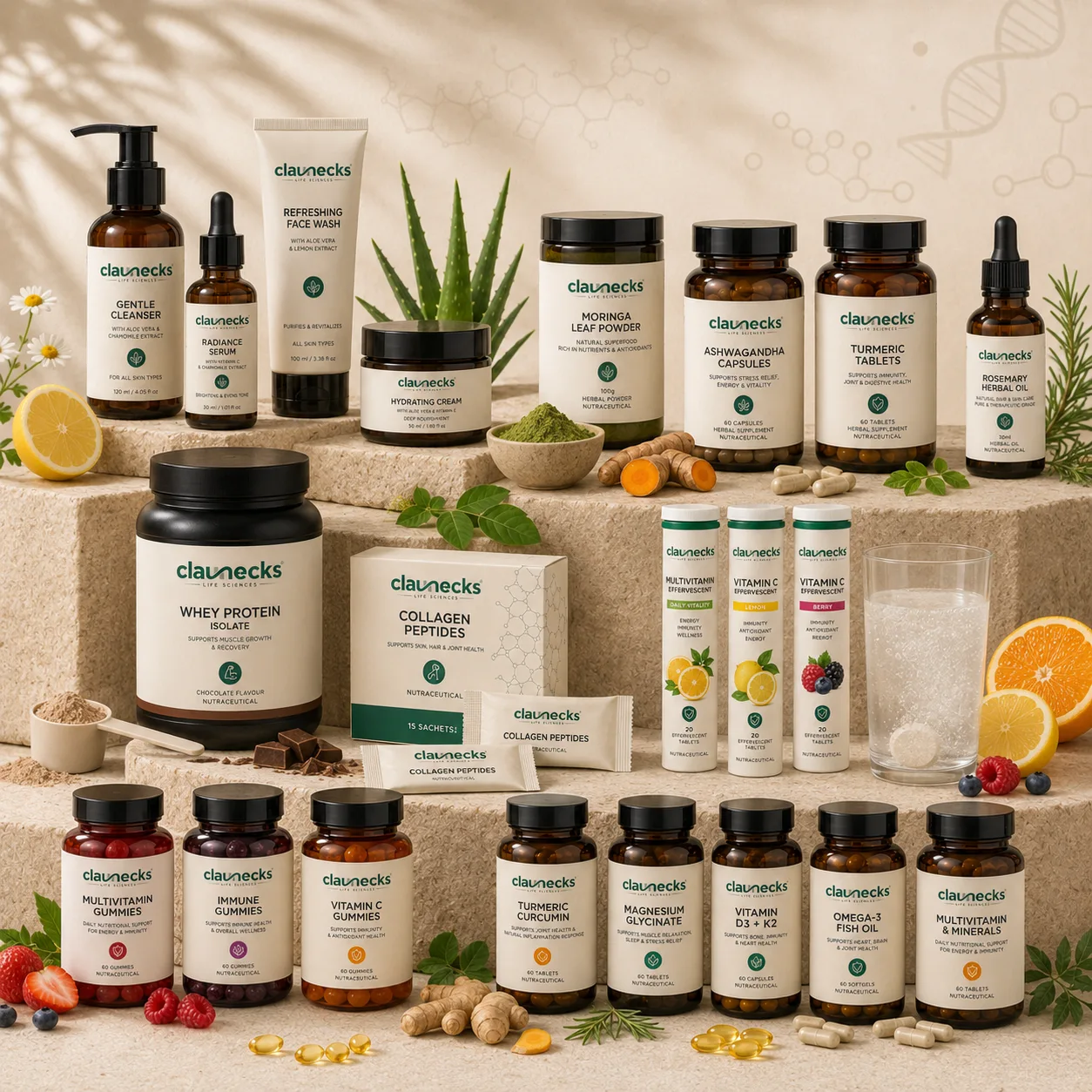 CLAUNECKS LIFESCIENCES is a growing nutraceutical and cosmetic company focused on global trade and manufacturing excellence.