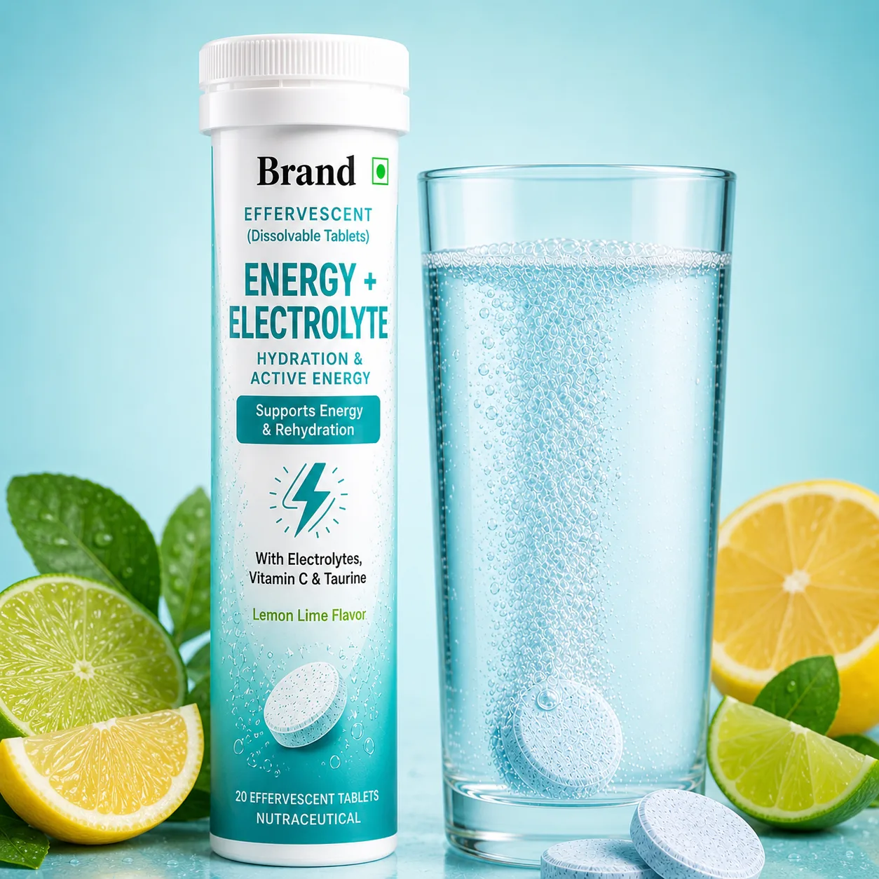 Energy + Electrolyte Effervescent manufacturing in India for fast-dissolving nutraceutical and wellness brands with private label packaging bulk supply and export support