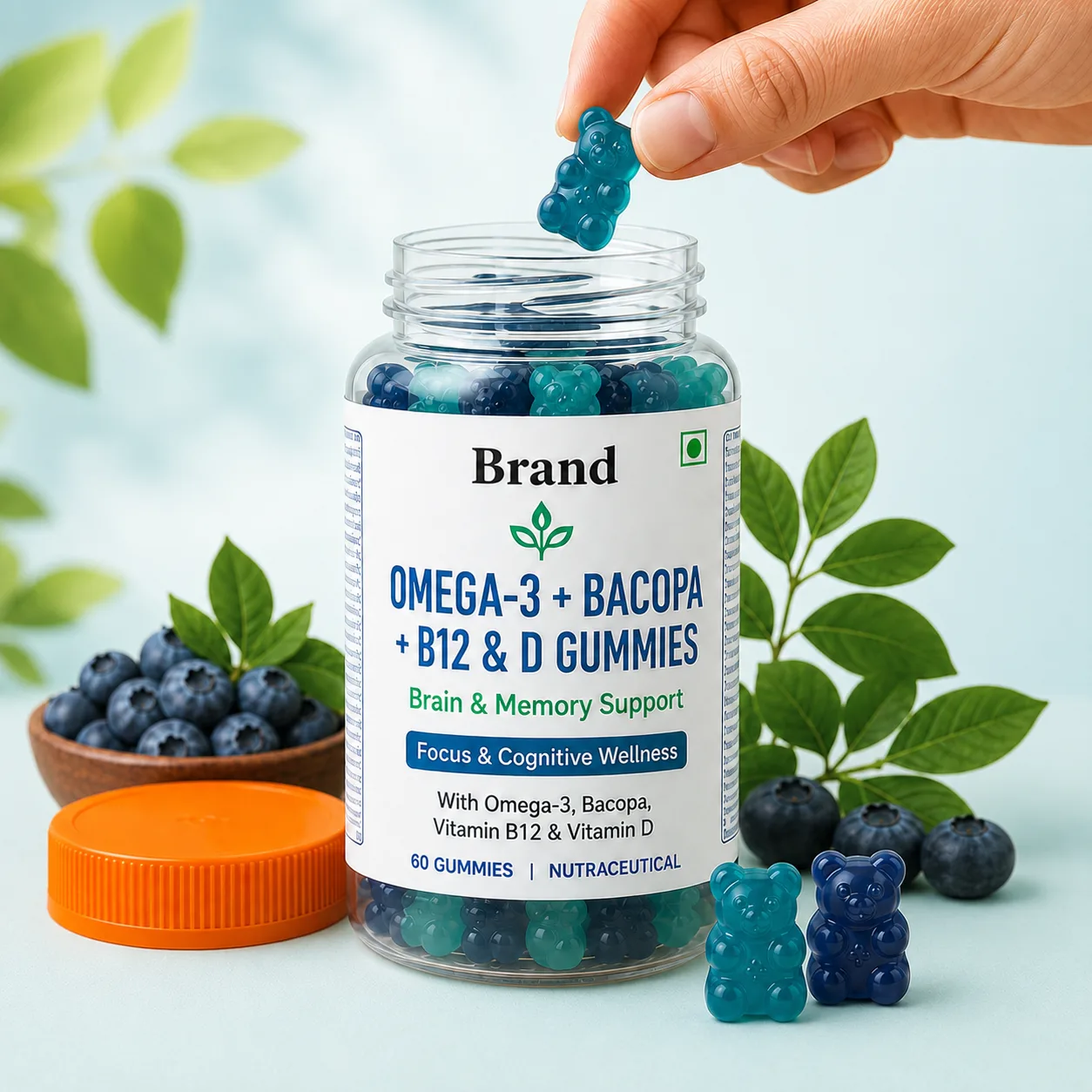Omega -3 , baccopa, vitamin b12& d Gummies manufacturing in India for chewable supplement and wellness brands with private label packaging bulk supply and export support
