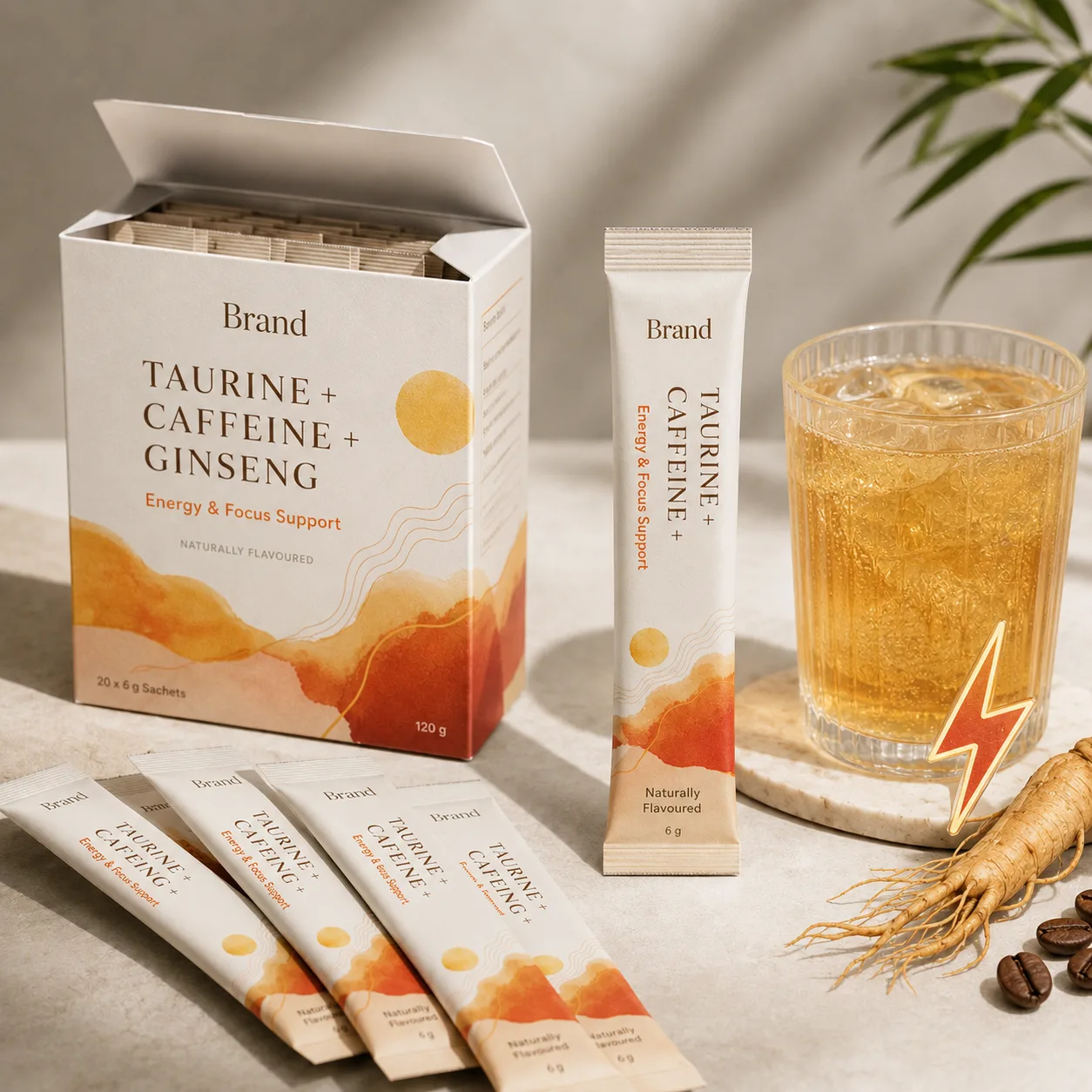 Taurine + Caffeine + Ginseng manufacturing in India for single-dose supplement, hydration and wellness brands with private label packaging bulk supply and export support