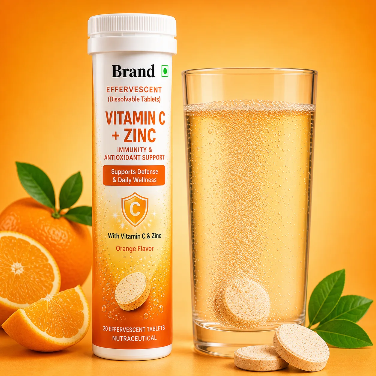 Vitamin C + Zinc Effervescent manufacturing in India for fast-dissolving nutraceutical and wellness brands with private label packaging bulk supply and export support